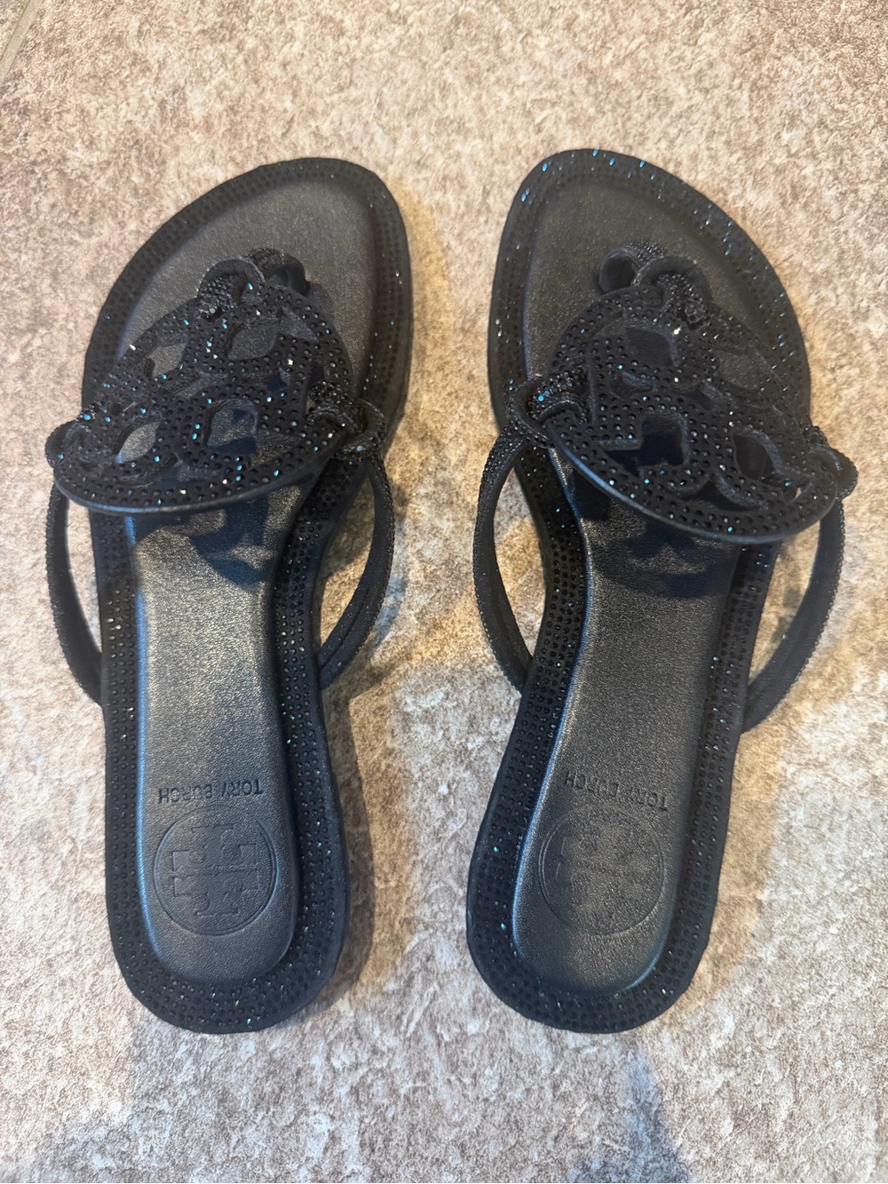Tory Burch Black Embellished Logo Slide Sandals